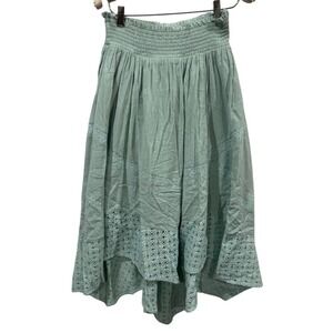 Doe and Rae Sage Green Smocked Waist High Low Midi Skirt Small Boho Lace Crochet
